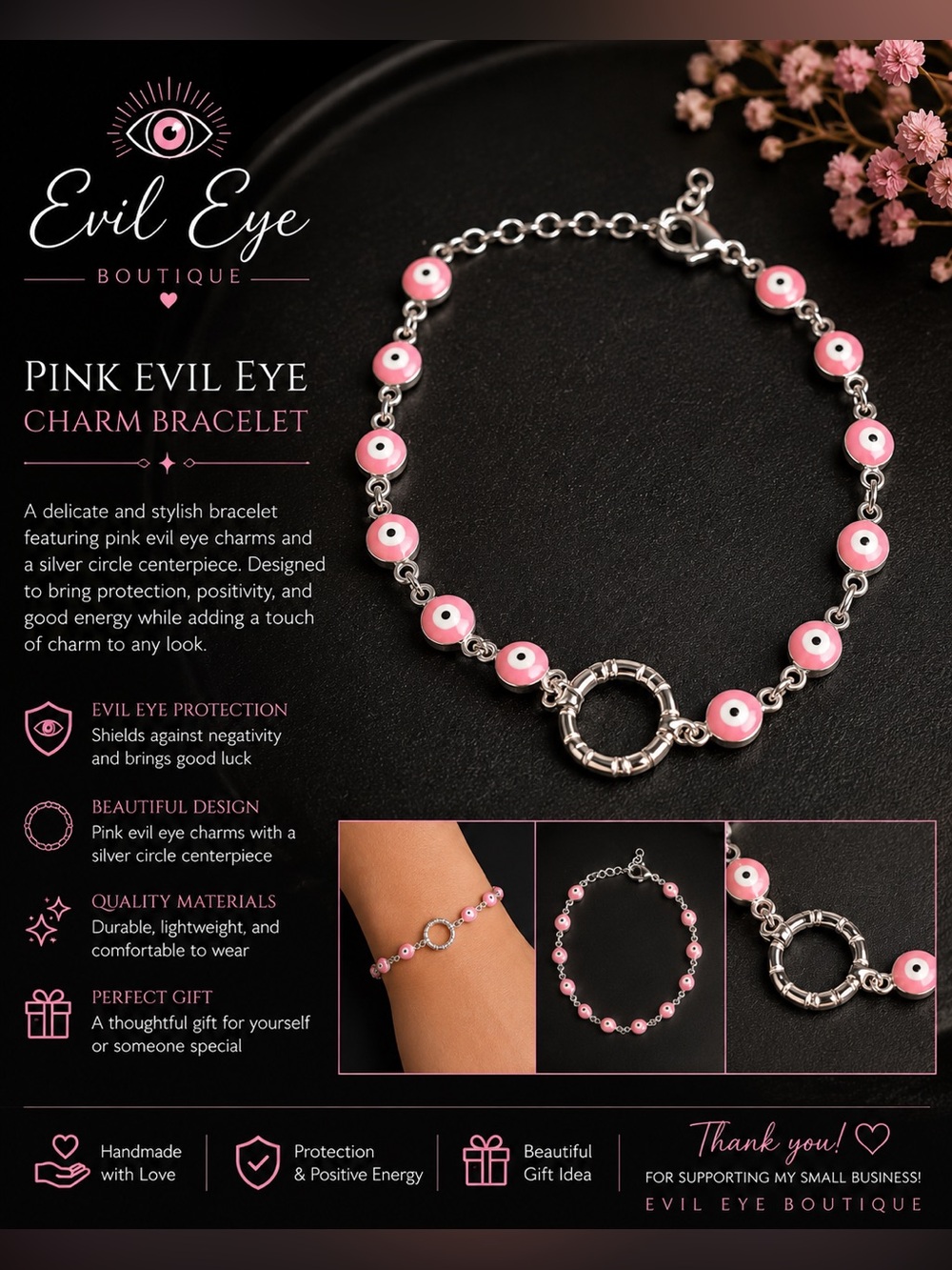 Pink Charm Bracelet with Silver Ring Accent